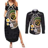 Vanuatu Independence Day Couples Matching Summer Maxi Dress and Long Sleeve Button Shirt Melanesian Tribal Pig Tusk with Tropical Plants