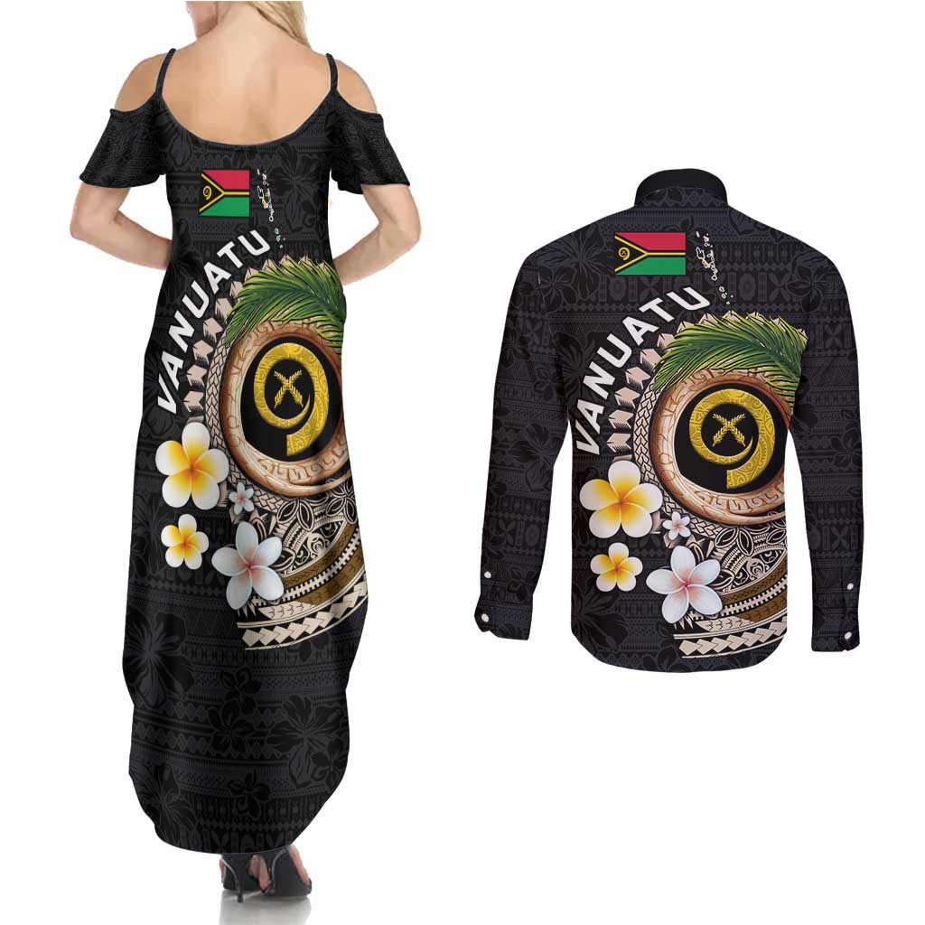 Vanuatu Independence Day Couples Matching Summer Maxi Dress and Long Sleeve Button Shirt Melanesian Tribal Pig Tusk with Tropical Plants