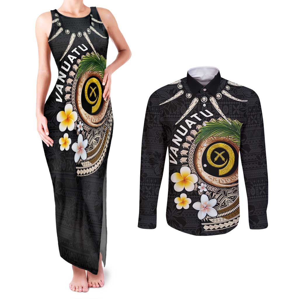 Vanuatu Independence Day Couples Matching Tank Maxi Dress and Long Sleeve Button Shirt Melanesian Tribal Pig Tusk with Tropical Plants
