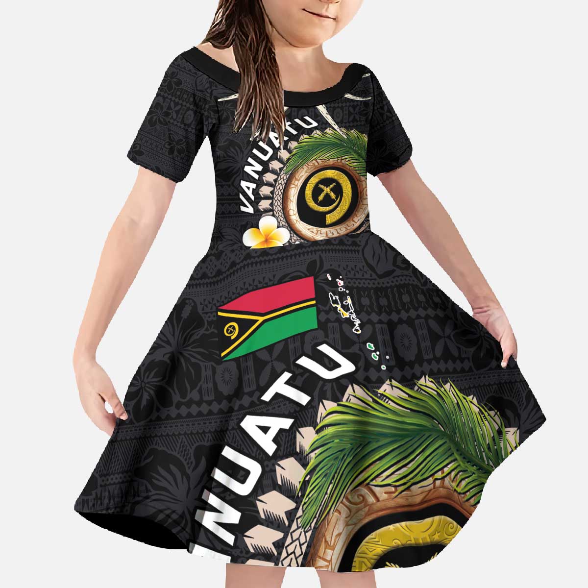 Vanuatu Independence Day Family Matching Off The Shoulder Long Sleeve Dress and Hawaiian Shirt Melanesian Tribal Pig Tusk with Tropical Plants