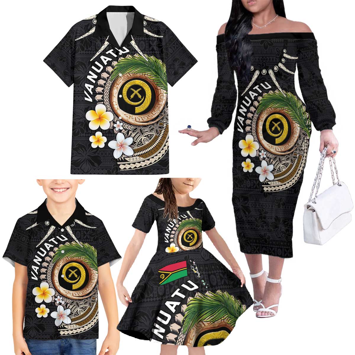 Vanuatu Independence Day Family Matching Off The Shoulder Long Sleeve Dress and Hawaiian Shirt Melanesian Tribal Pig Tusk with Tropical Plants