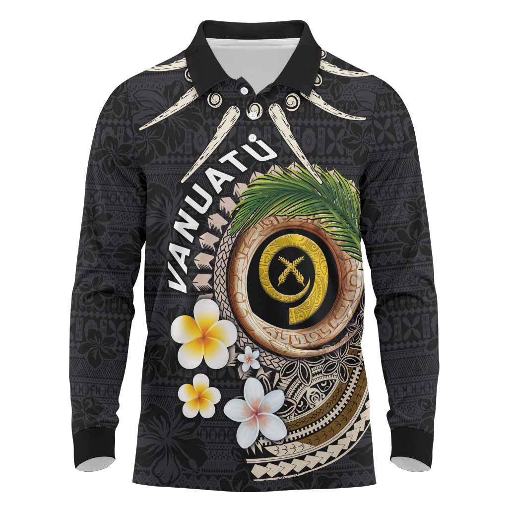 Vanuatu Independence Day Long Sleeve Polo Shirt Melanesian Tribal Pig Tusk with Tropical Plants