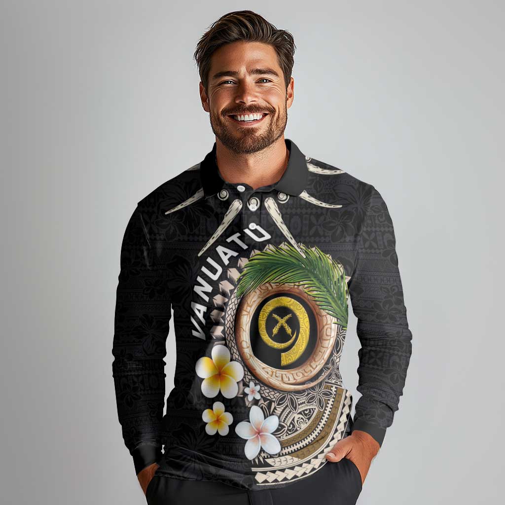 Vanuatu Independence Day Long Sleeve Polo Shirt Melanesian Tribal Pig Tusk with Tropical Plants
