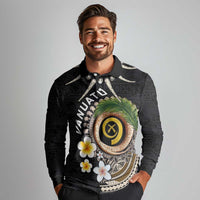 Vanuatu Independence Day Long Sleeve Polo Shirt Melanesian Tribal Pig Tusk with Tropical Plants
