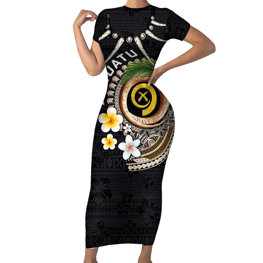Vanuatu Independence Day Short Sleeve Bodycon Dress Melanesian Tribal Pig Tusk with Tropical Plants