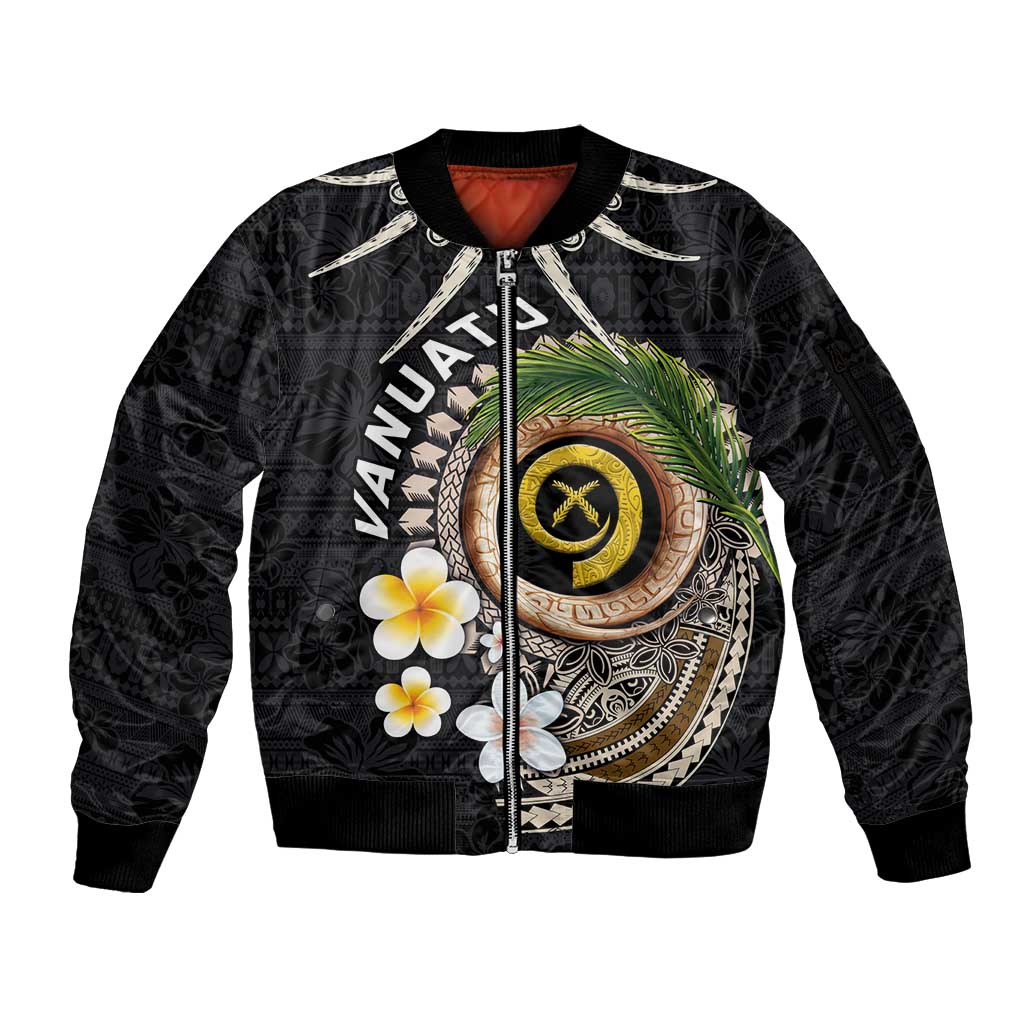 Vanuatu Independence Day Sleeve Zip Bomber Jacket Melanesian Tribal Pig Tusk with Tropical Plants LT03 Unisex Black - Polynesian Pride