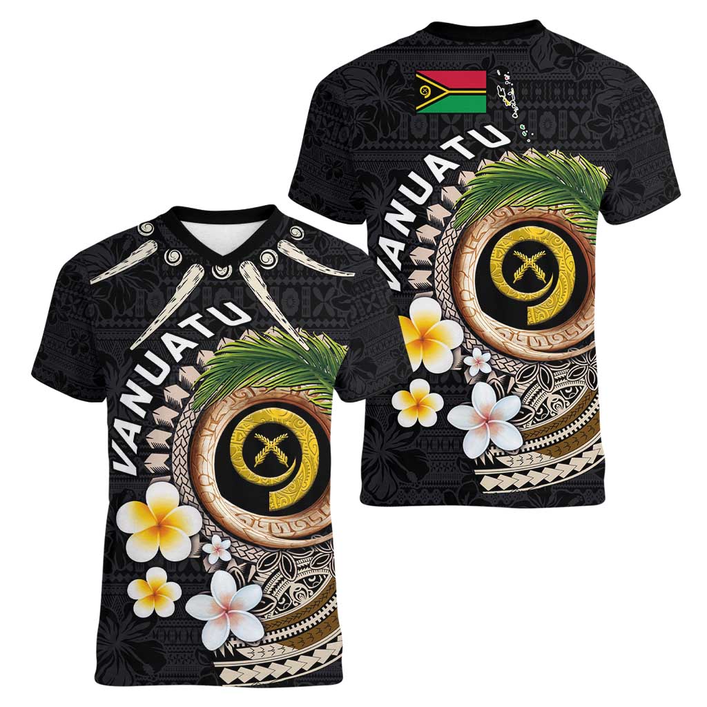 Vanuatu Independence Day Women V-Neck T-Shirt Melanesian Tribal Pig Tusk with Tropical Plants