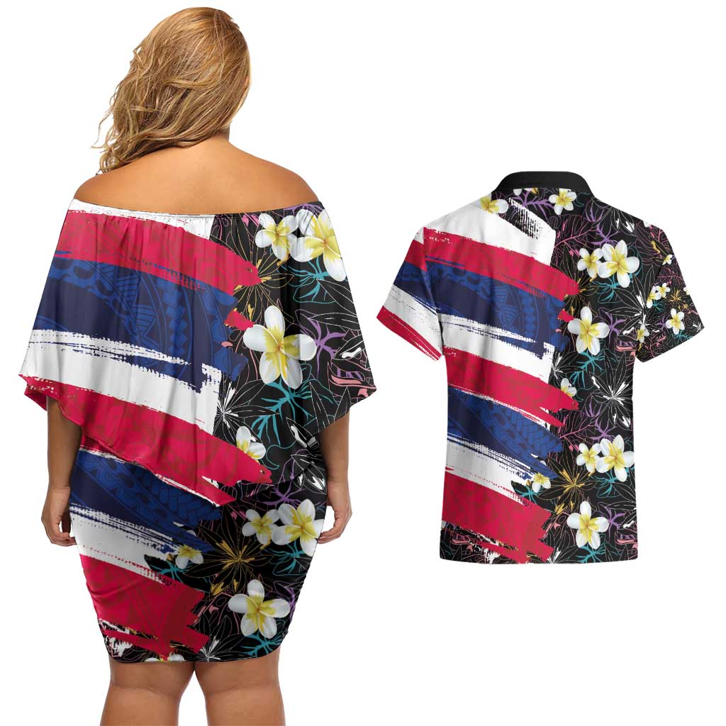 Hawaiian Flag Day Couples Matching Off Shoulder Short Dress and Hawaiian Shirt Tropical Flowers and Leaves