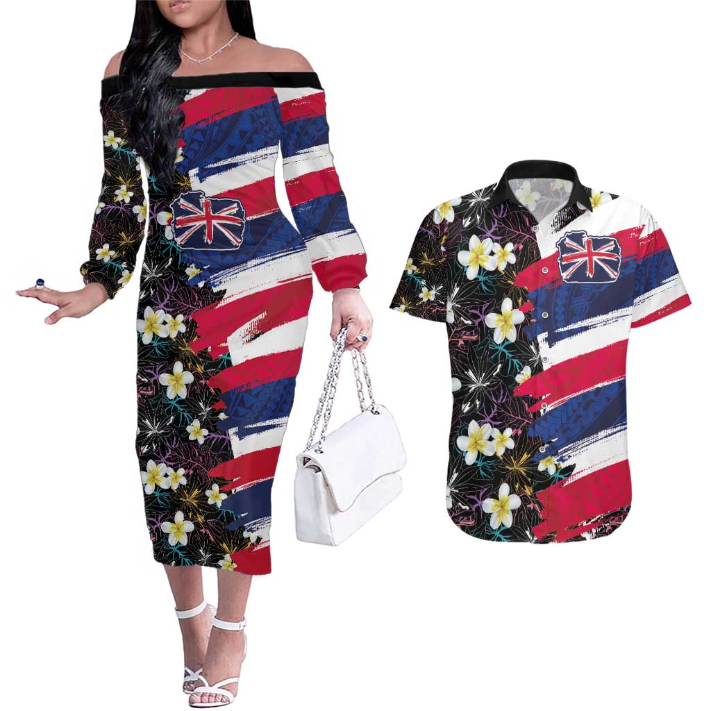 Hawaiian Flag Day Couples Matching Off The Shoulder Long Sleeve Dress and Hawaiian Shirt Tropical Flowers and Leaves