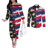 Hawaiian Flag Day Couples Matching Off The Shoulder Long Sleeve Dress and Long Sleeve Button Shirt Tropical Flowers and Leaves