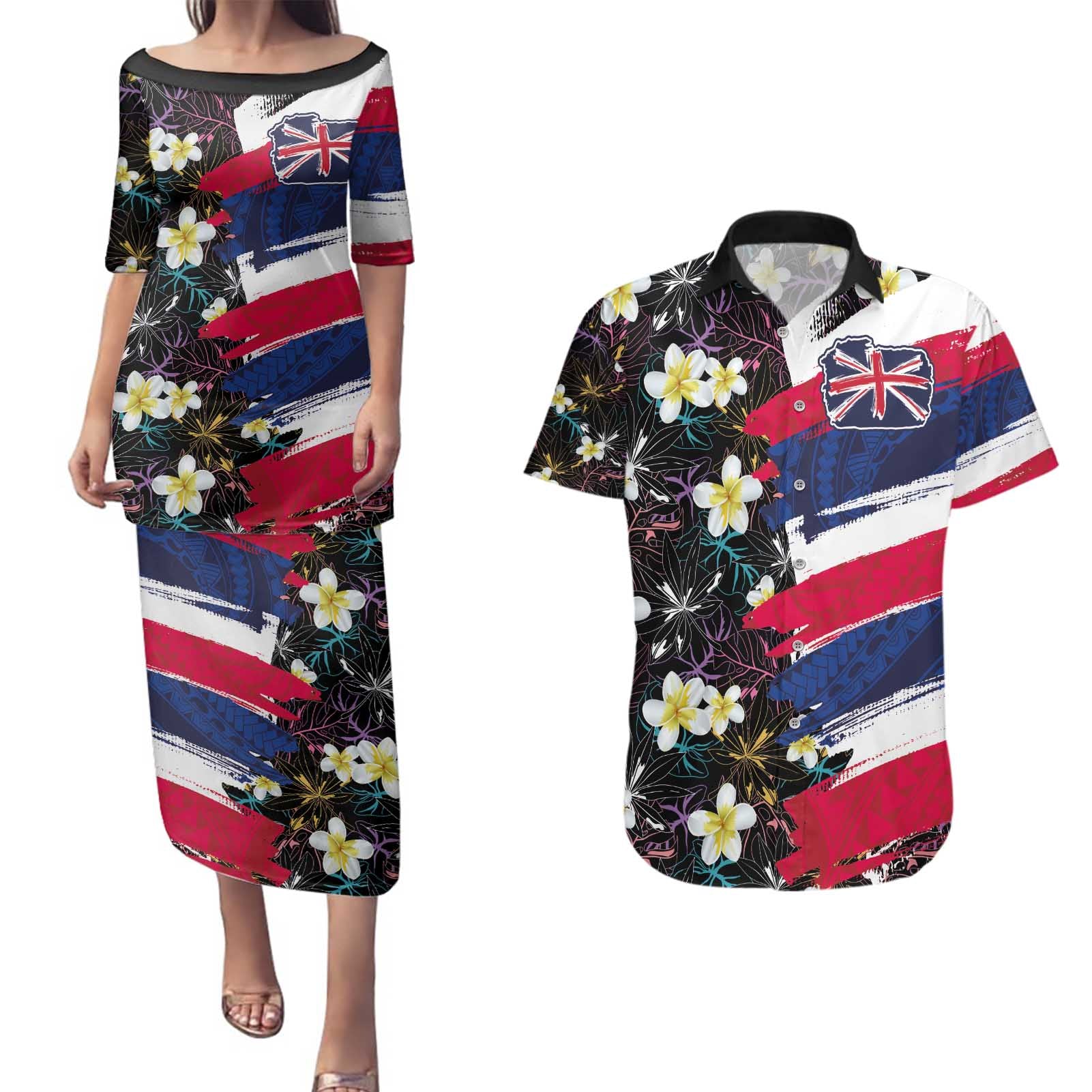 Hawaiian Flag Day Couples Matching Puletasi and Hawaiian Shirt Tropical Flowers and Leaves