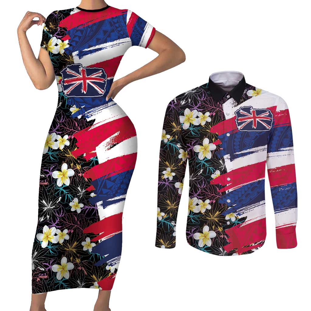 Hawaiian Flag Day Couples Matching Short Sleeve Bodycon Dress and Long Sleeve Button Shirt Tropical Flowers and Leaves