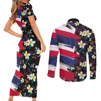 Hawaiian Flag Day Couples Matching Short Sleeve Bodycon Dress and Long Sleeve Button Shirt Tropical Flowers and Leaves