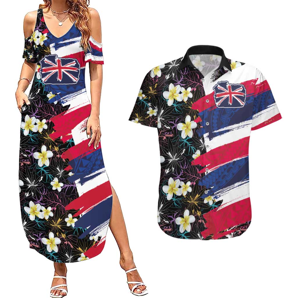 Hawaiian Flag Day Couples Matching Summer Maxi Dress and Hawaiian Shirt Tropical Flowers and Leaves