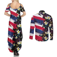 Hawaiian Flag Day Couples Matching Summer Maxi Dress and Long Sleeve Button Shirt Tropical Flowers and Leaves