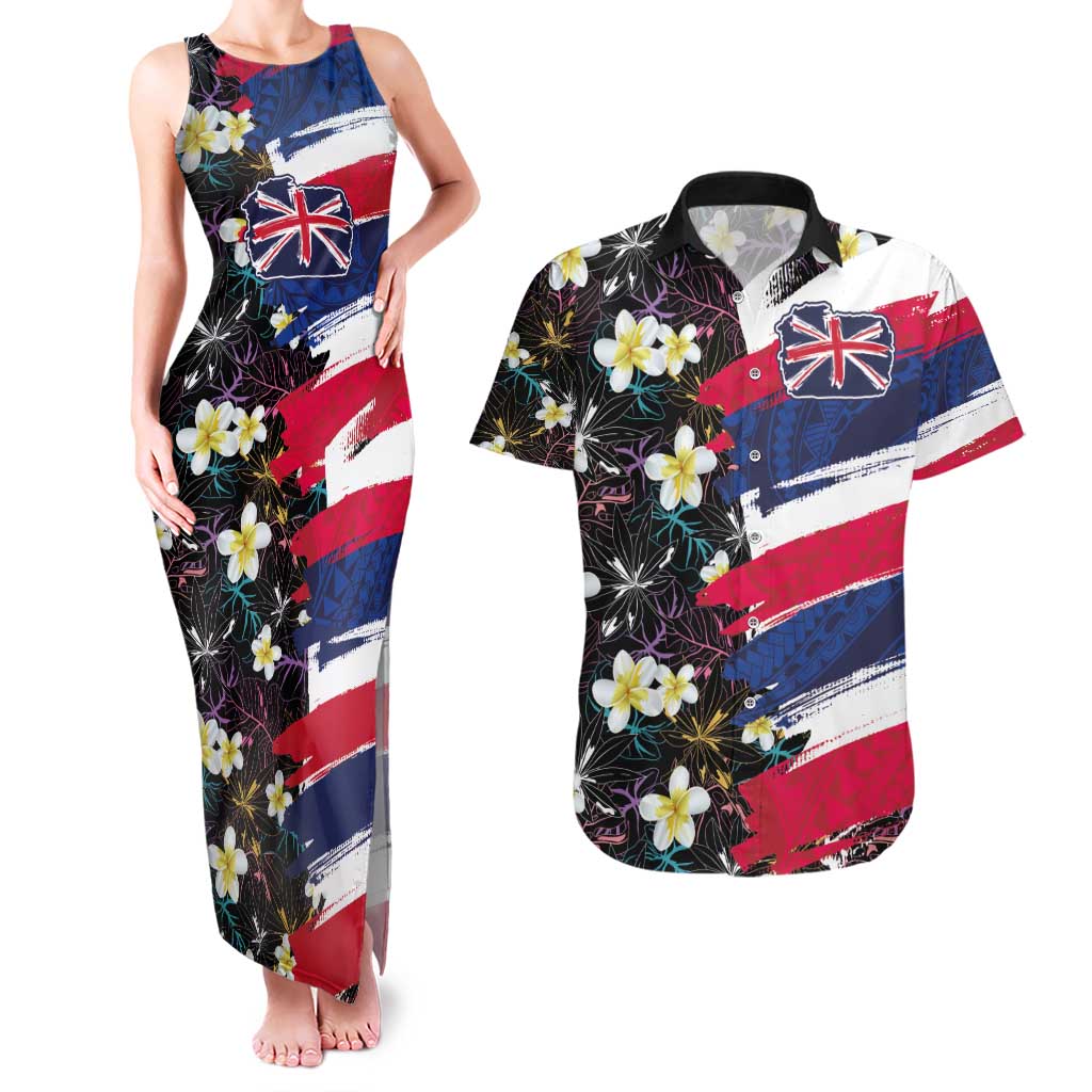 Hawaiian Flag Day Couples Matching Tank Maxi Dress and Hawaiian Shirt Tropical Flowers and Leaves