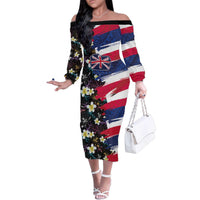 Hawaiian Flag Day Family Matching Off The Shoulder Long Sleeve Dress and Hawaiian Shirt Tropical Flowers and Leaves