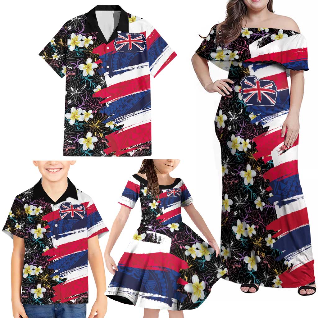 Hawaiian Flag Day Family Matching Off Shoulder Maxi Dress and Hawaiian Shirt Tropical Flowers and Leaves