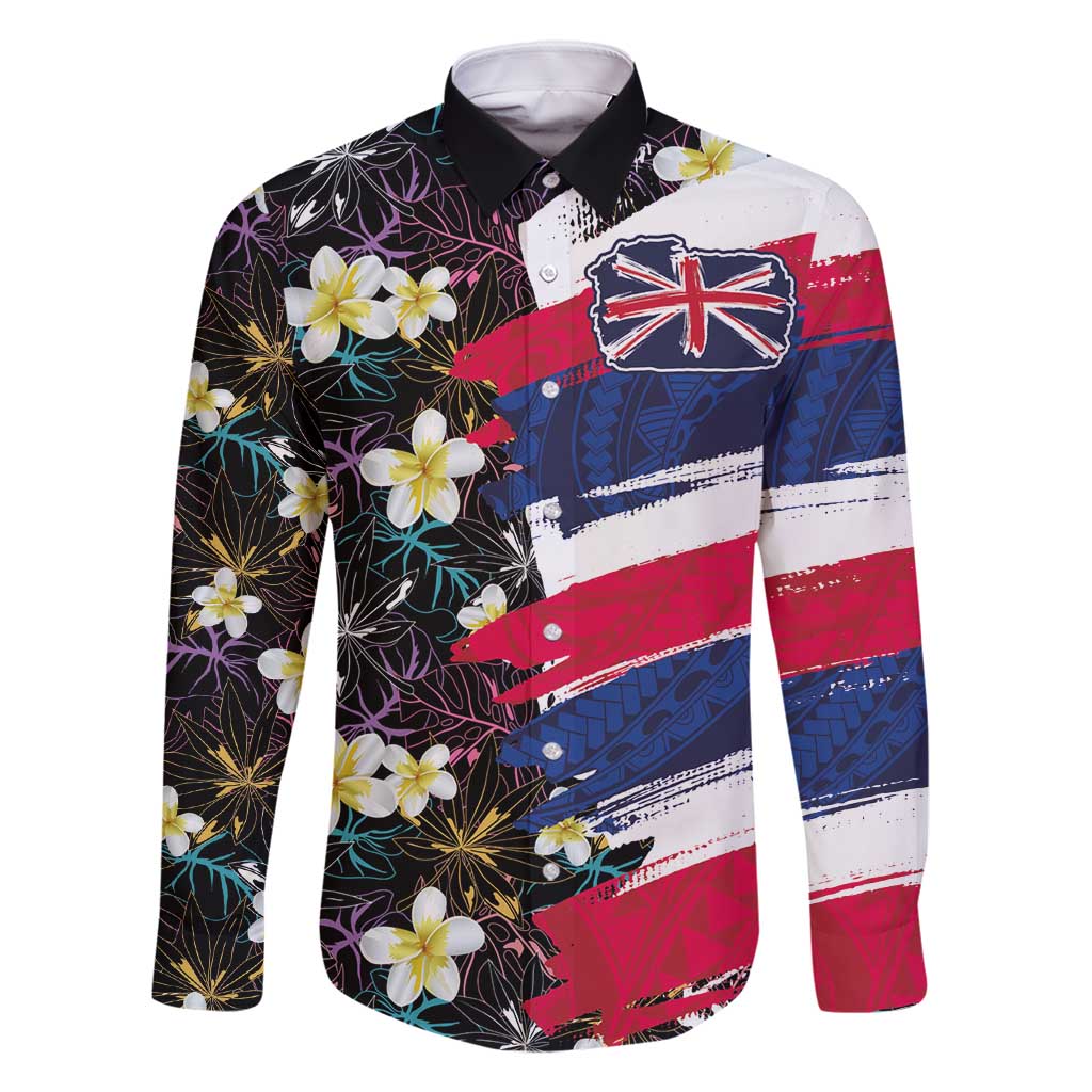 Hawaiian Flag Day Family Matching Off Shoulder Short Dress and Hawaiian Shirt Tropical Flowers and Leaves LT03 Dad's Shirt - Long Sleeve Black - Polynesian Pride