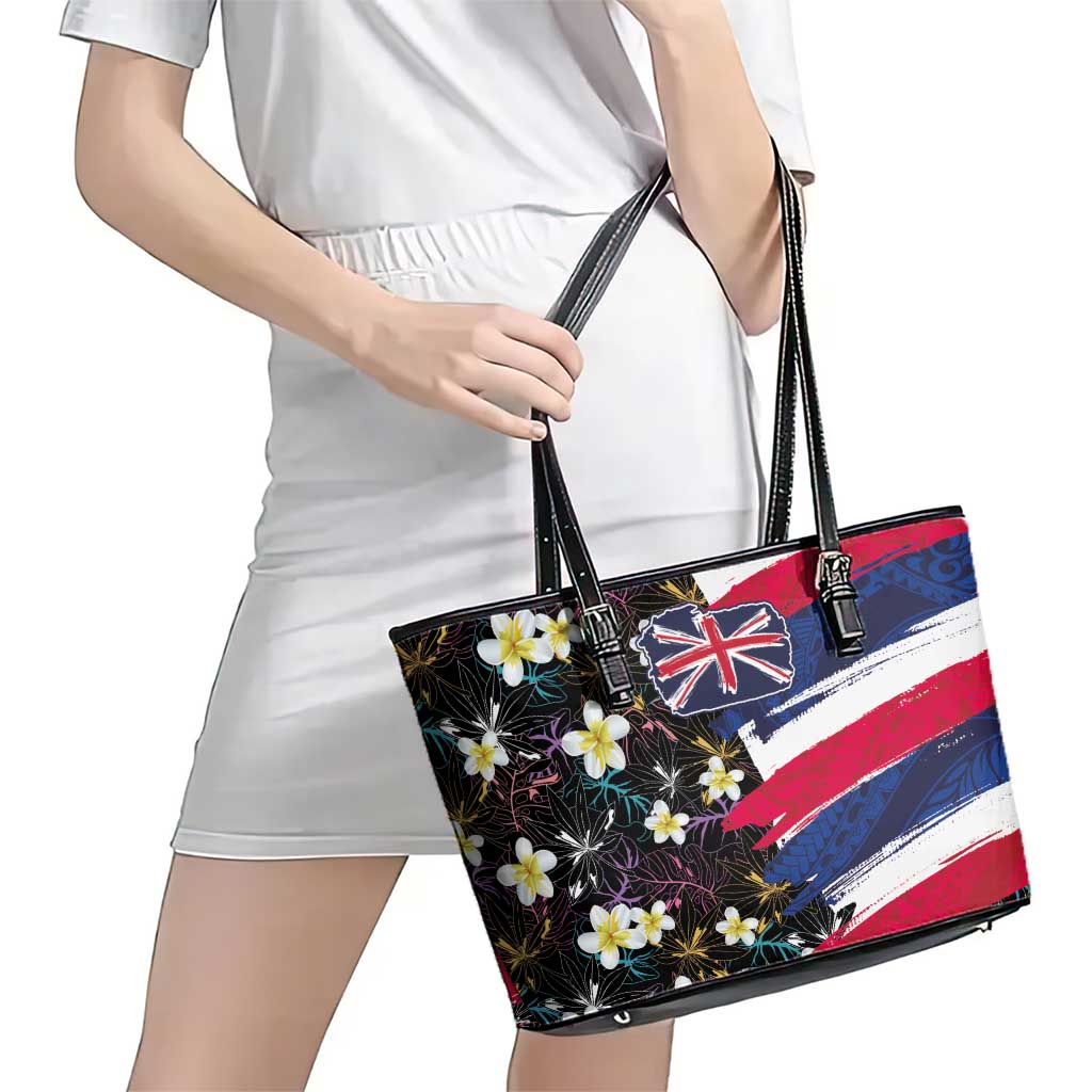 Hawaiian Flag Day Leather Tote Bag Tropical Flowers and Leaves