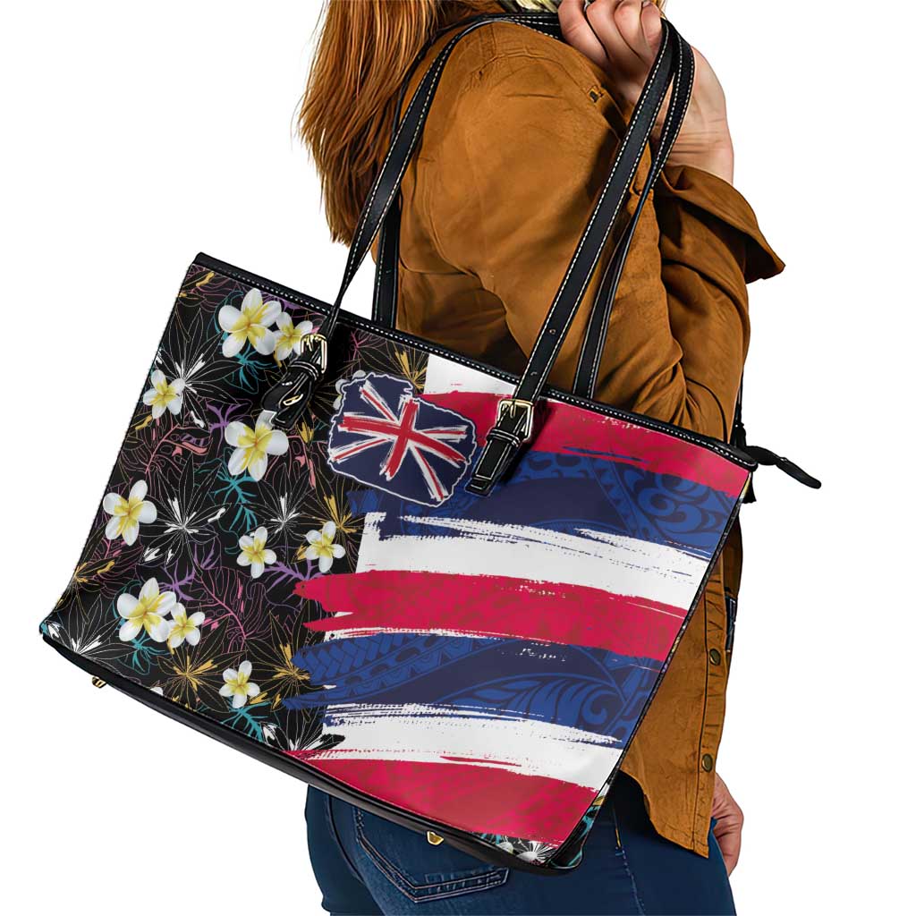 Hawaiian Flag Day Leather Tote Bag Tropical Flowers and Leaves