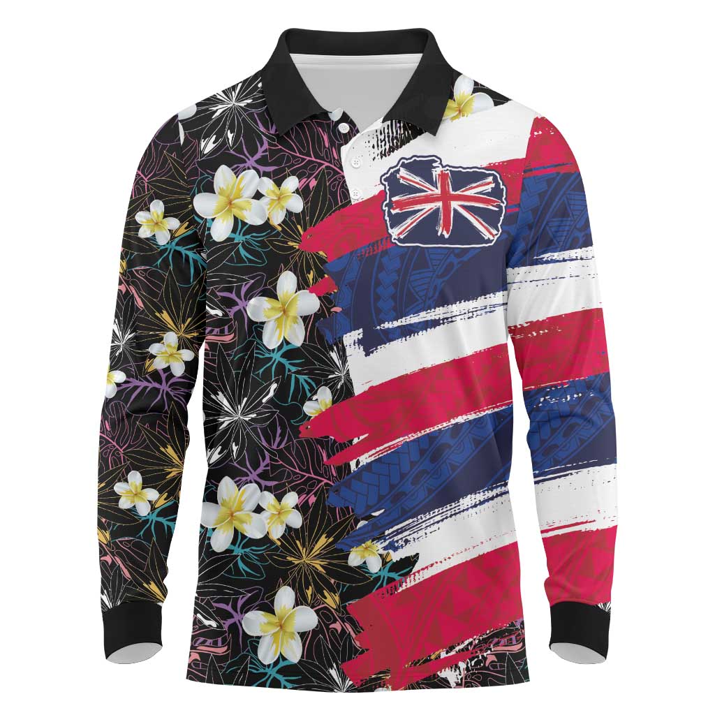 Hawaiian Flag Day Long Sleeve Polo Shirt Tropical Flowers and Leaves LT03 Black - Polynesian Pride