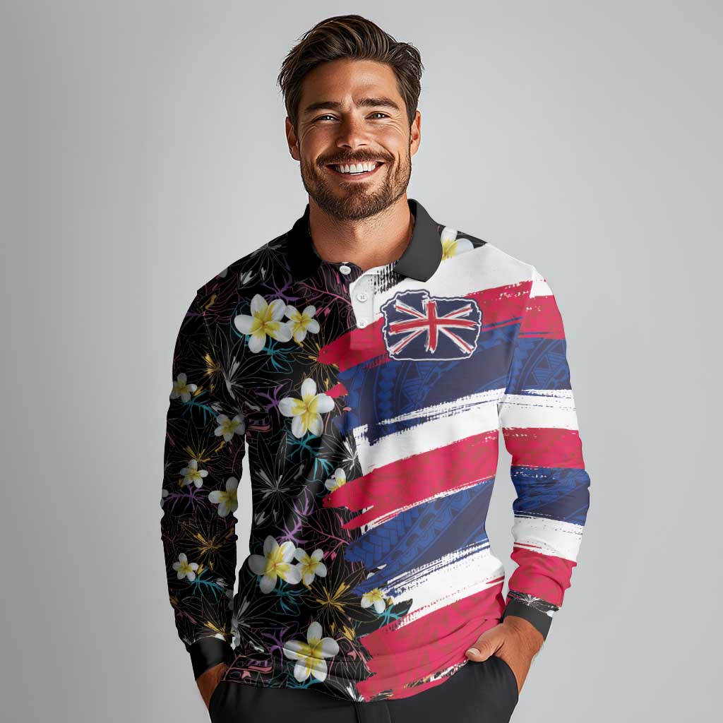 Hawaiian Flag Day Long Sleeve Polo Shirt Tropical Flowers and Leaves LT03 - Polynesian Pride