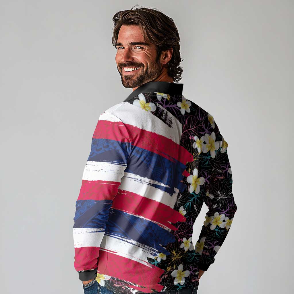 Hawaiian Flag Day Long Sleeve Polo Shirt Tropical Flowers and Leaves LT03 - Polynesian Pride