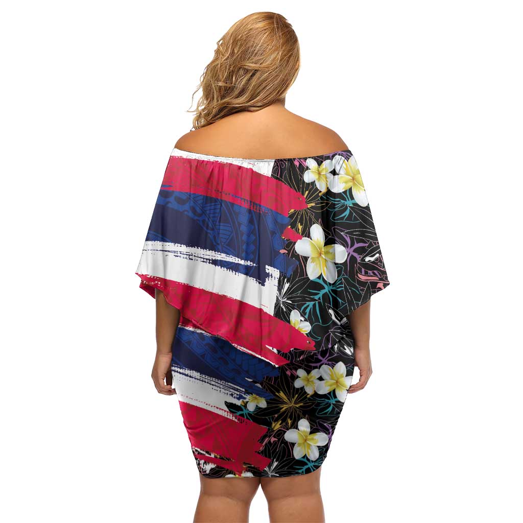 Hawaiian Flag Day Off Shoulder Short Dress Tropical Flowers and Leaves