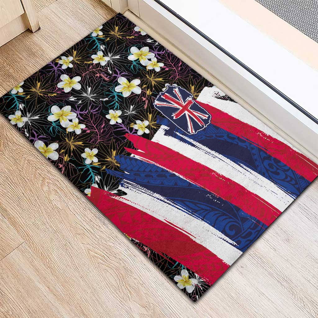 Hawaiian Flag Day Rubber Doormat Tropical Flowers and Leaves