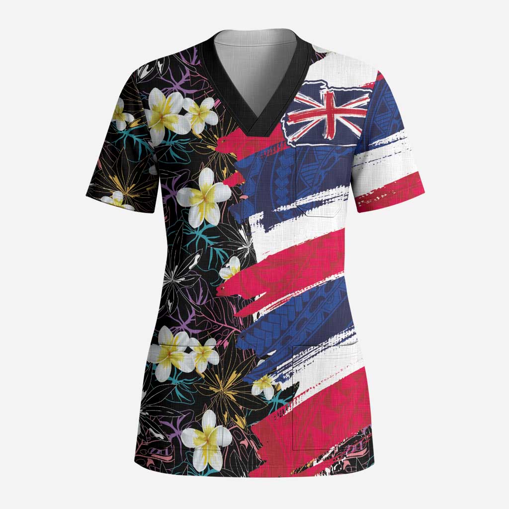 Hawaiian Flag Day Scrub Top Tropical Flowers and Leaves LT03 Adult Black - Polynesian Pride