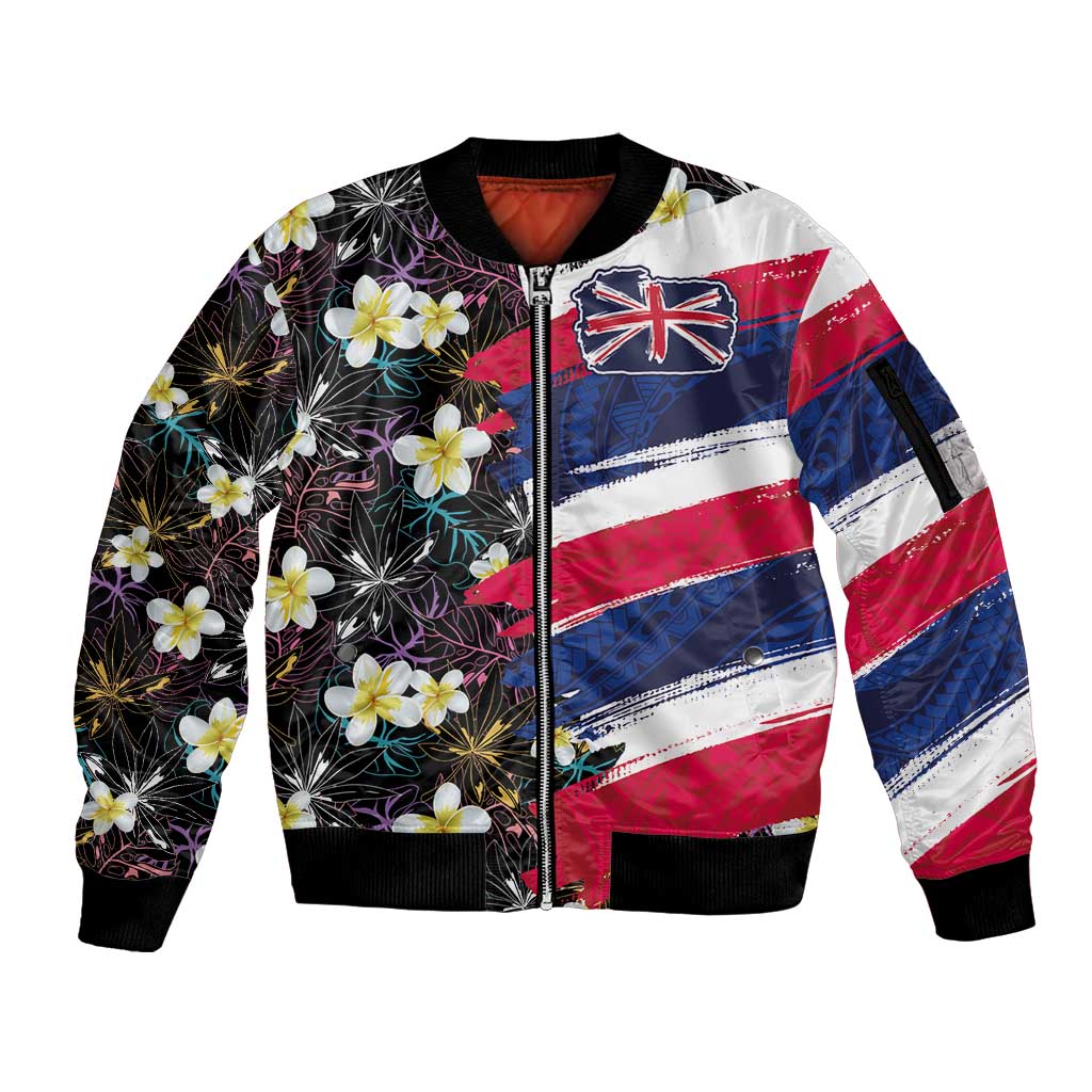 Hawaiian Flag Day Sleeve Zip Bomber Jacket Tropical Flowers and Leaves LT03 Unisex Black - Polynesian Pride