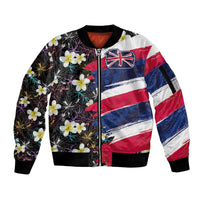 Hawaiian Flag Day Sleeve Zip Bomber Jacket Tropical Flowers and Leaves LT03 Unisex Black - Polynesian Pride