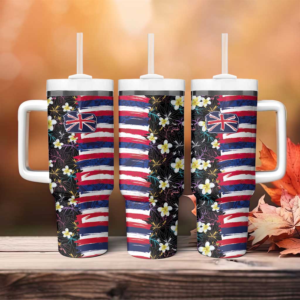 Hawaiian Flag Day Tumbler With Handle Tropical Flowers and Leaves