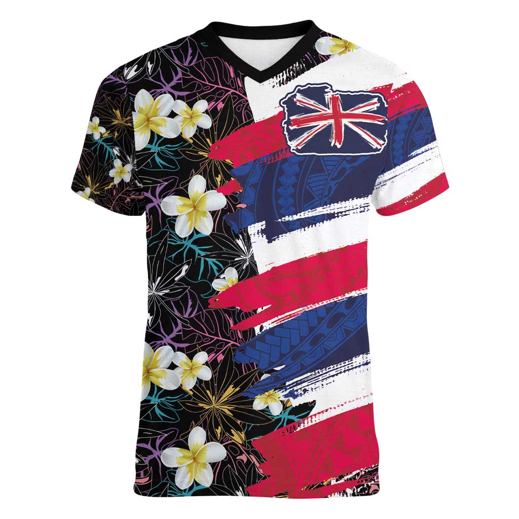 Hawaiian Flag Day Women V-Neck T-Shirt Tropical Flowers and Leaves