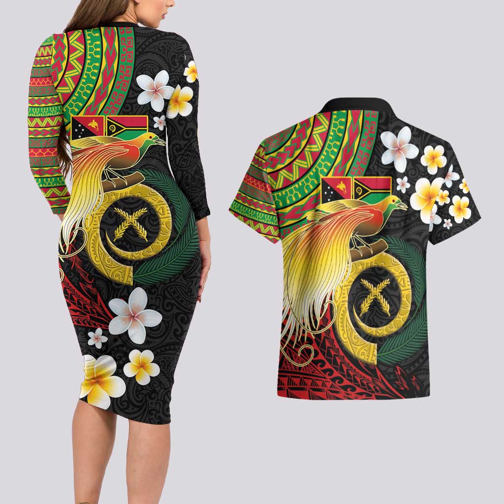Vanuatu and Papua New Guinea Together Couples Matching Long Sleeve Bodycon Dress and Hawaiian Shirt Bird-of-paradise and Pig Tusk Melanesian Pattern