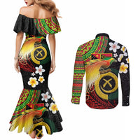 Vanuatu and Papua New Guinea Together Couples Matching Mermaid Dress and Long Sleeve Button Shirt Bird-of-paradise and Pig Tusk Melanesian Pattern