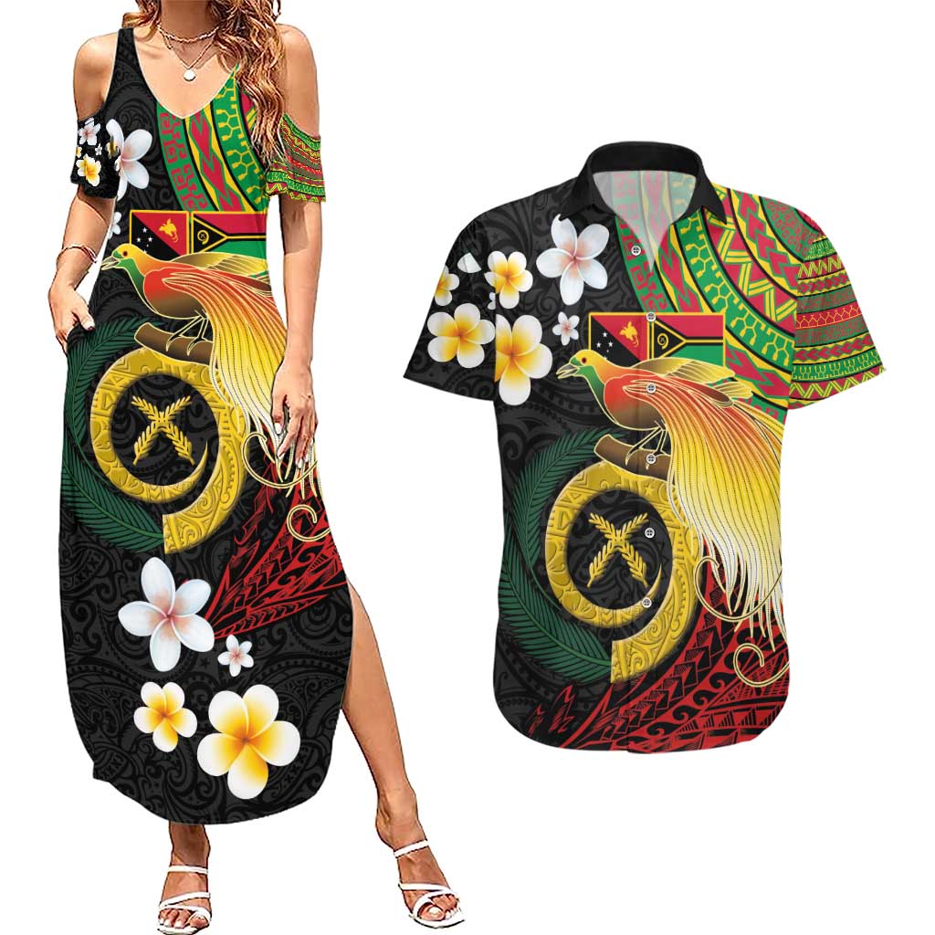 Vanuatu and Papua New Guinea Together Couples Matching Summer Maxi Dress and Hawaiian Shirt Bird-of-paradise and Pig Tusk Melanesian Pattern