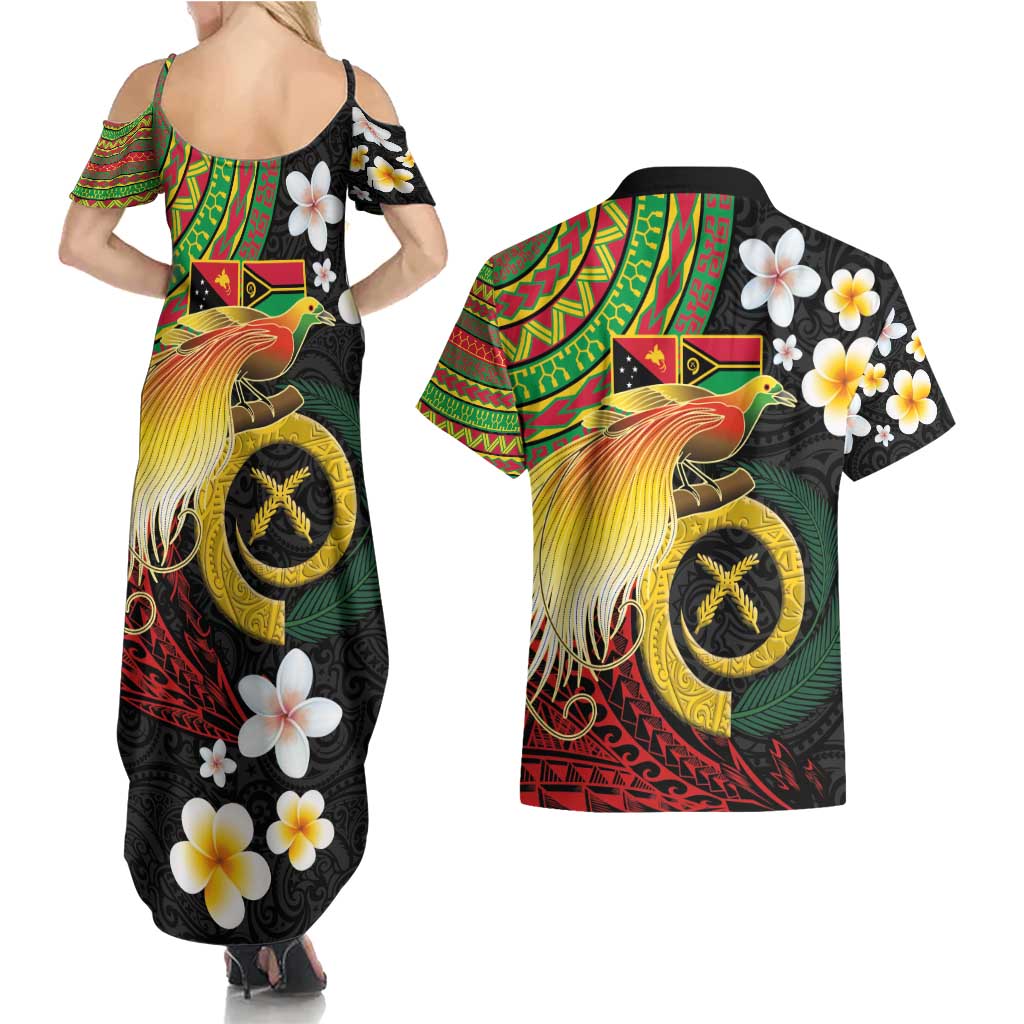 Vanuatu and Papua New Guinea Together Couples Matching Summer Maxi Dress and Hawaiian Shirt Bird-of-paradise and Pig Tusk Melanesian Pattern
