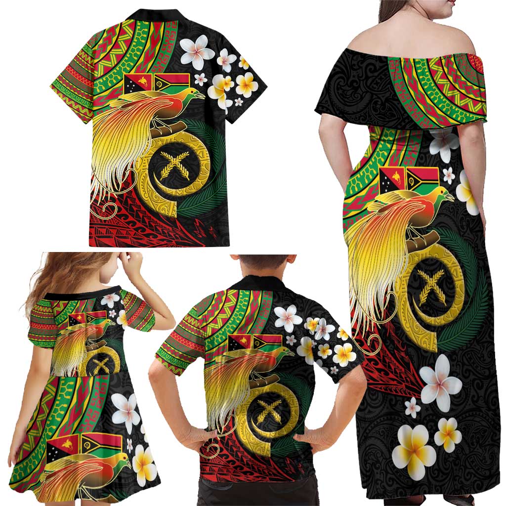 Vanuatu and Papua New Guinea Together Family Matching Off Shoulder Maxi Dress and Hawaiian Shirt Bird-of-paradise and Pig Tusk Melanesian Pattern