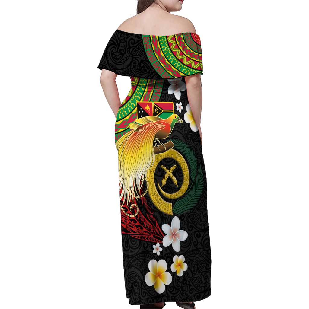 Vanuatu and Papua New Guinea Together Family Matching Off Shoulder Maxi Dress and Hawaiian Shirt Bird-of-paradise and Pig Tusk Melanesian Pattern