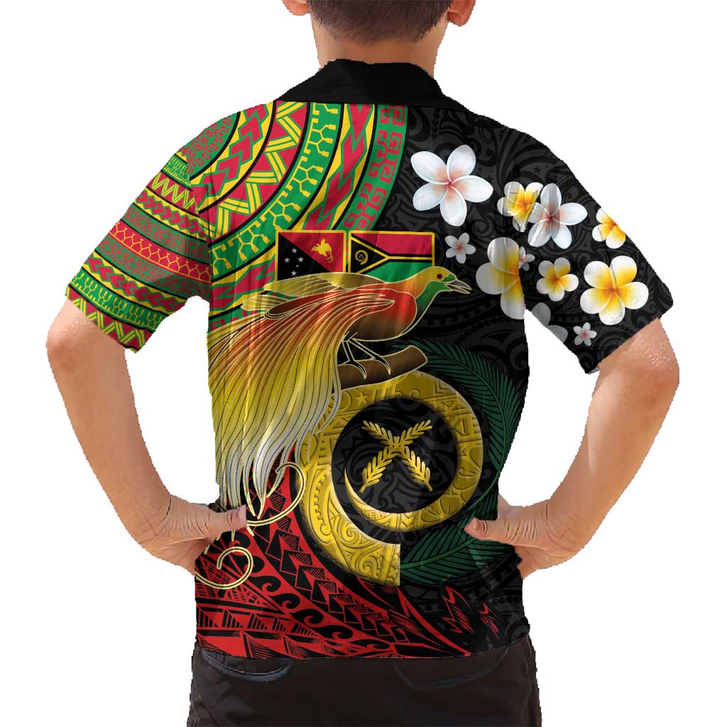 Vanuatu and Papua New Guinea Together Family Matching Off Shoulder Short Dress and Hawaiian Shirt Bird-of-paradise and Pig Tusk Melanesian Pattern