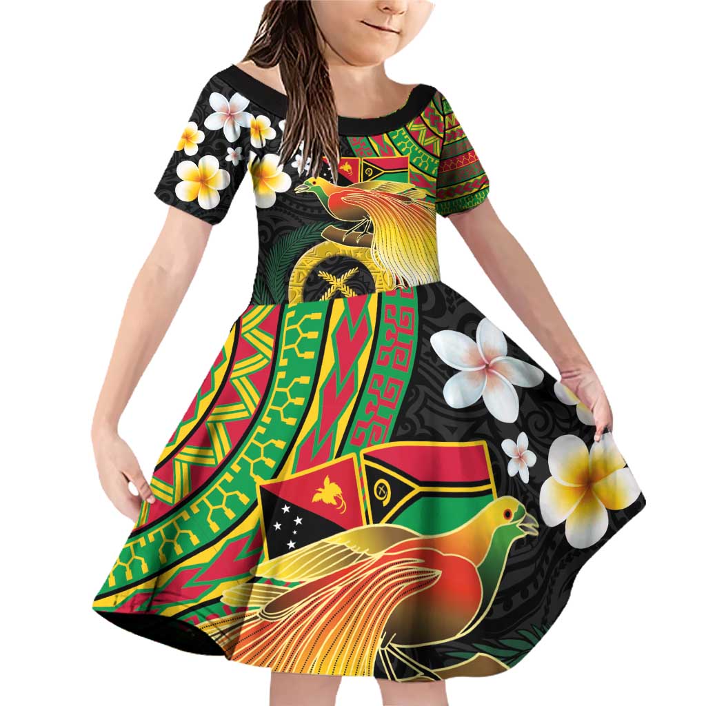Vanuatu and Papua New Guinea Together Family Matching Off Shoulder Short Dress and Hawaiian Shirt Bird-of-paradise and Pig Tusk Melanesian Pattern