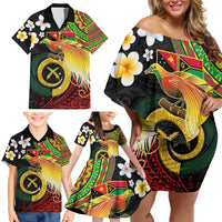 Vanuatu and Papua New Guinea Together Family Matching Off Shoulder Short Dress and Hawaiian Shirt Bird-of-paradise and Pig Tusk Melanesian Pattern