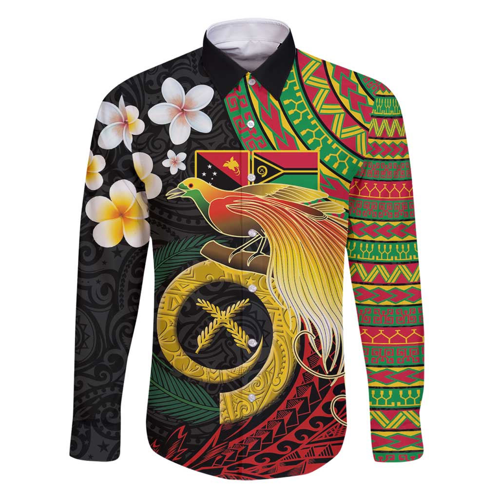 Vanuatu and Papua New Guinea Together Family Matching Puletasi and Hawaiian Shirt Bird-of-paradise and Pig Tusk Melanesian Pattern LT03 Dad's Shirt - Long Sleeve Black - Polynesian Pride