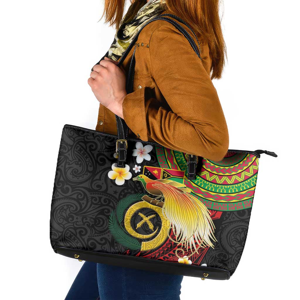 Vanuatu and Papua New Guinea Together Leather Tote Bag Bird-of-paradise and Pig Tusk Melanesian Pattern