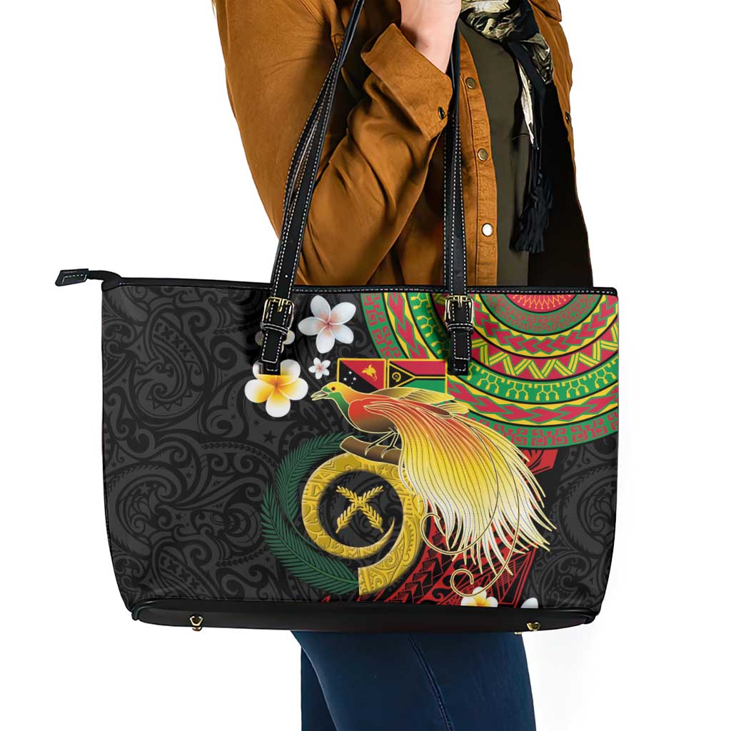 Vanuatu and Papua New Guinea Together Leather Tote Bag Bird-of-paradise and Pig Tusk Melanesian Pattern