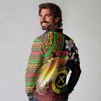 Vanuatu and Papua New Guinea Together Long Sleeve Polo Shirt Bird-of-paradise and Pig Tusk Melanesian Pattern