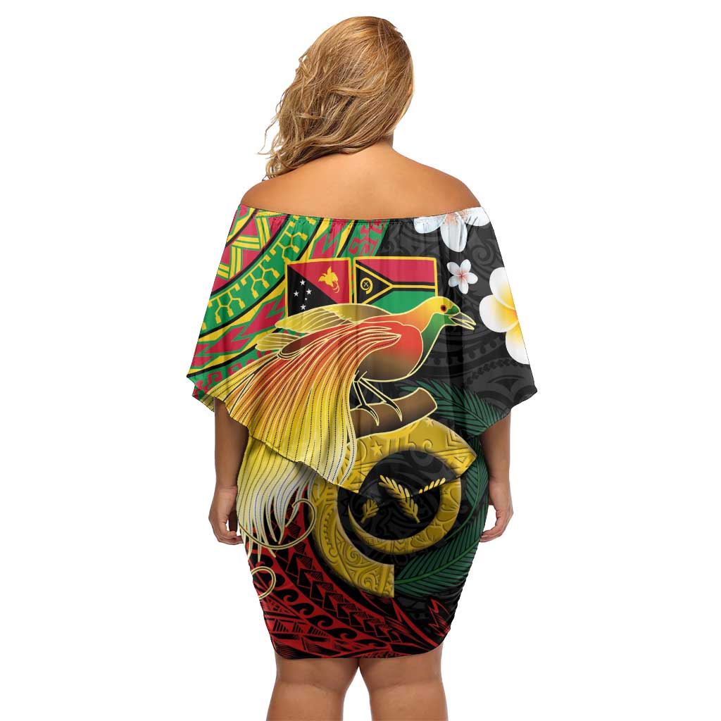 Vanuatu and Papua New Guinea Together Off Shoulder Short Dress Bird-of-paradise and Pig Tusk Melanesian Pattern
