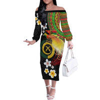 Vanuatu and Papua New Guinea Together Off The Shoulder Long Sleeve Dress Bird-of-paradise and Pig Tusk Melanesian Pattern